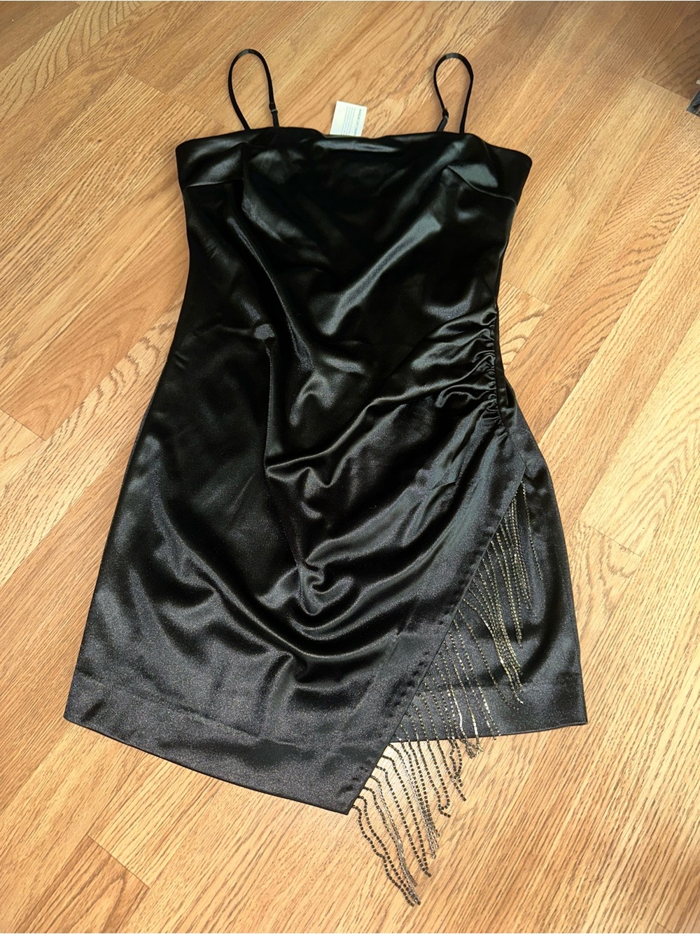 Guess Black Satin Mini Dress with Beaded Fringe